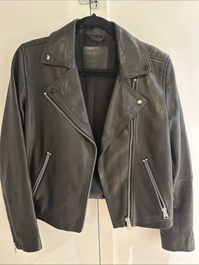 All Saints Black Leather Moto Jacket with Silver Zips